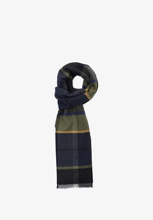 Tkan scarf ma granatowy, zielony i żółty wzór w kratę. Wykonany z miękkiego materiału, ma frędzlowane krawędzie i ciepłą, przytulną teksturę.