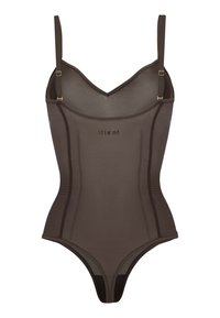 Bruine sheer bodysuit met verstelbare schouderbanden, V-hals en slim fit. Heeft contrasterende naden en 'ITEM m6' gedrukt aan de voorkant.