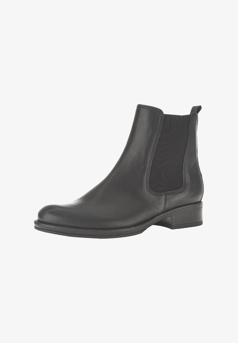 Botte Chelsea en cuir noir avec panneau élastique latéral, languette au talon et petit talon empilé.
