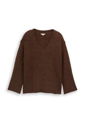 Pull en tricot marron avec un col en V et des manches larges. Il présente un ourlet côtelé et une texture douce, offrant une silhouette décontractée.