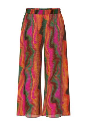 Bukser med brede ben og elastisk talje i et livligt, svirvlende mønster af orange, pink, grønne og sorte farver på letvægtsstof.