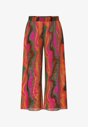 Weite Hosen mit elastischem Bund in einem lebhaften, wirbelnden Muster aus Orange, Pink, Grün und Schwarz auf leichtem Stoff.