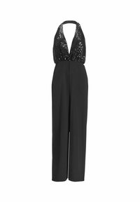 Zwarte jumpsuit met een diepe halternecklijn, versierd met pailletten aan de bovenkant, en wijde broekspijpen voor een vloeiende silhoette.