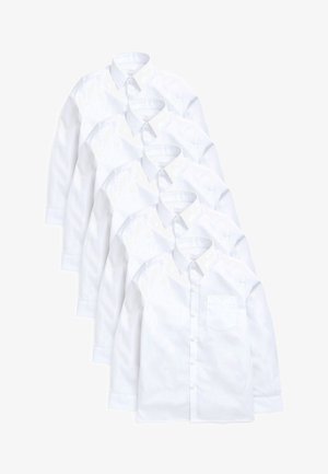 Cinco camisas blancas de manga larga con botones, con un cuello clásico y un bolsillo en el pecho. Tejido de algodón suave con una textura ligera.