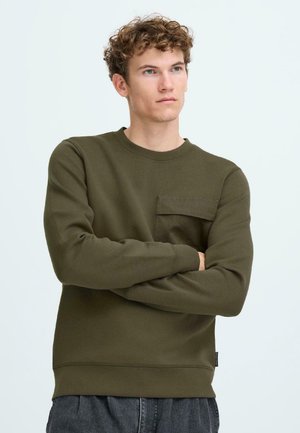 Olive green sweatshirt made of cotton blend, featuring long sleeves, crew neck, and a patch pocket on the left chest. Textured fabric.