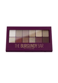 Palette di ombretti borgogna con dieci tonalità in diverse texture, tra cui opaco, perlato e metallico, contenuta in una custodia di plastica viola.