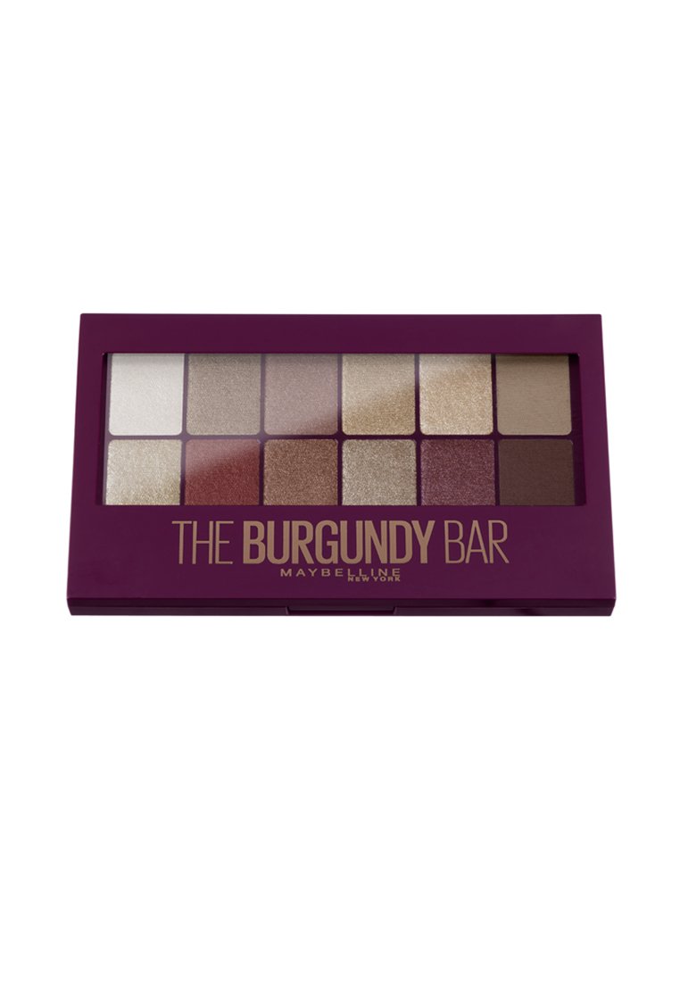 Palette di ombretti borgogna con dieci tonalità in diverse texture, tra cui opaco, perlato e metallico, contenuta in una custodia di plastica viola.