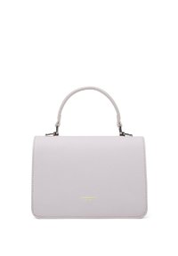 Sac à main lavande clair avec une texture lisse, une forme rectangulaire structurée, une poignée supérieure et un subtil logo doré à l'avant.