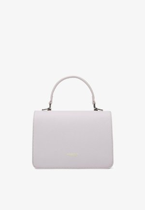 Licht paarse handtas met een gladde textuur, gestructureerde rechthoekige vorm, bovenhandvat en subtiele gouden logo-detail aan de voorkant.