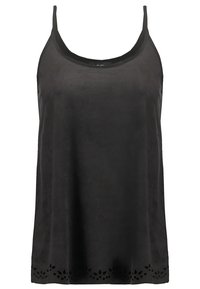 Camisole noire sans manches avec fines bretelles et motif floral découpé au laser le long de l'ourlet.