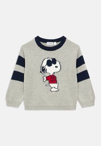 Grijze gebreide trui met een Snoopy-afbeelding die een zonnebril en een rood shirt draagt met de tekst "JOEY COOL." Marineblauwe strepen op de mouwen.