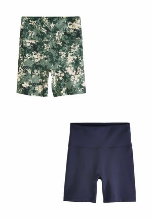 Två par tajta shorts: en med ett grönt camouflage-mönster och vita detaljer, den andra i hel marinblått. Båda har en bred midja.