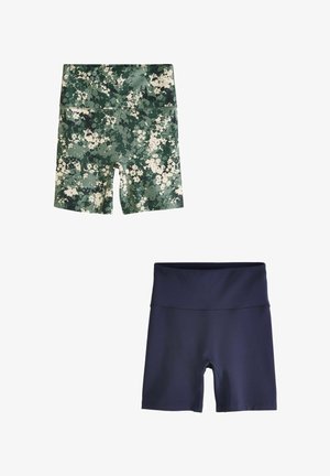 Dva páry priliehavých šortiek: jedny s zeleným maskáčovým vzorom a bielymi akcentmi, druhé jednofarebné námornícke. Obe majú široký pás.