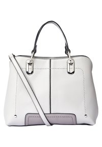 Biała skórzana torebka z czarnymi akcentami, o strukturalnym designie, z podwójnymi uchwytami, odpinanym paskiem na ramię i dużą przednią kieszenią.