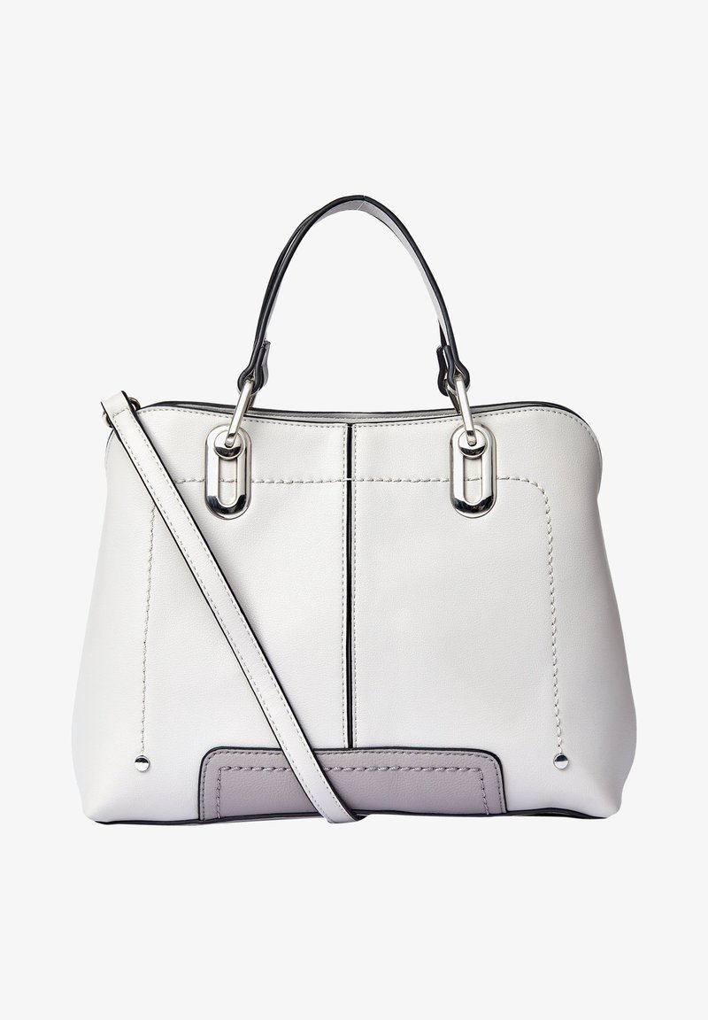Biała skórzana torebka z czarnymi akcentami, o strukturalnym designie, z podwójnymi uchwytami, odpinanym paskiem na ramię i dużą przednią kieszenią.