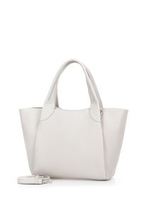 Grey leather tote bag with dual handles, a structured shape, and a detachable strap. Features a smooth texture and minimal hardware accents.