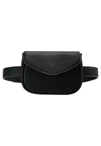 Czarna skórzana nerka z klapką, zaokrąglonymi krawędziami, regulowanym paskiem i gładką fakturą. Minimalistyczny design bez widocznych elementów metalowych.