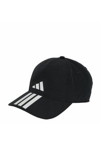 Gorra negra con visera curva, con acentos de rayas blancas y un logotipo. Hecha de un material suave y ligero.