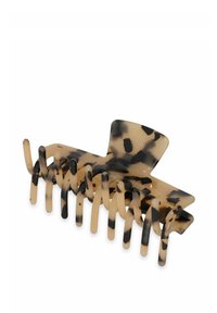 Skalbagge hårklämma i beige och svart. Har en böjd topp och flera greppande tänder för säker hållning. Tillverkad av plast.