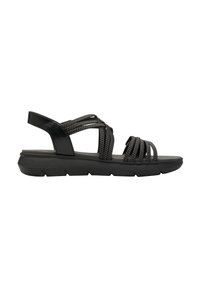 Czarne sandały z plecionymi paskami, płaską podeszwą platformową i teksturowanym wierzchem. Posiadają zamknięty tył oraz regulowany pasek dla lepszego dopasowania.