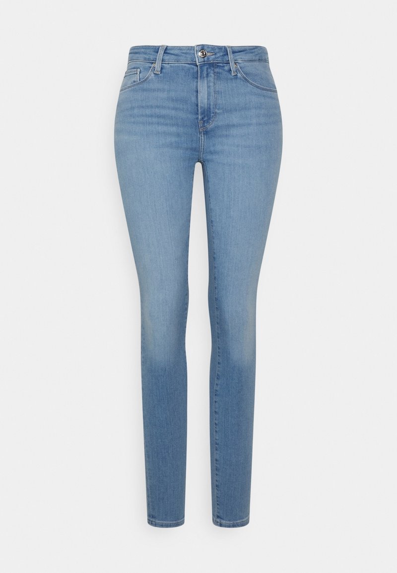 Light blue high-waisted skinny jeans with front and back pockets, button closure, and belt loops displayed against a plain background.