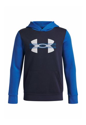 Hooded sweatshirt featuring navy body with blue sleeves, large white logo on chest, front pocket, and ribbed cuffs. Soft fabric texture.