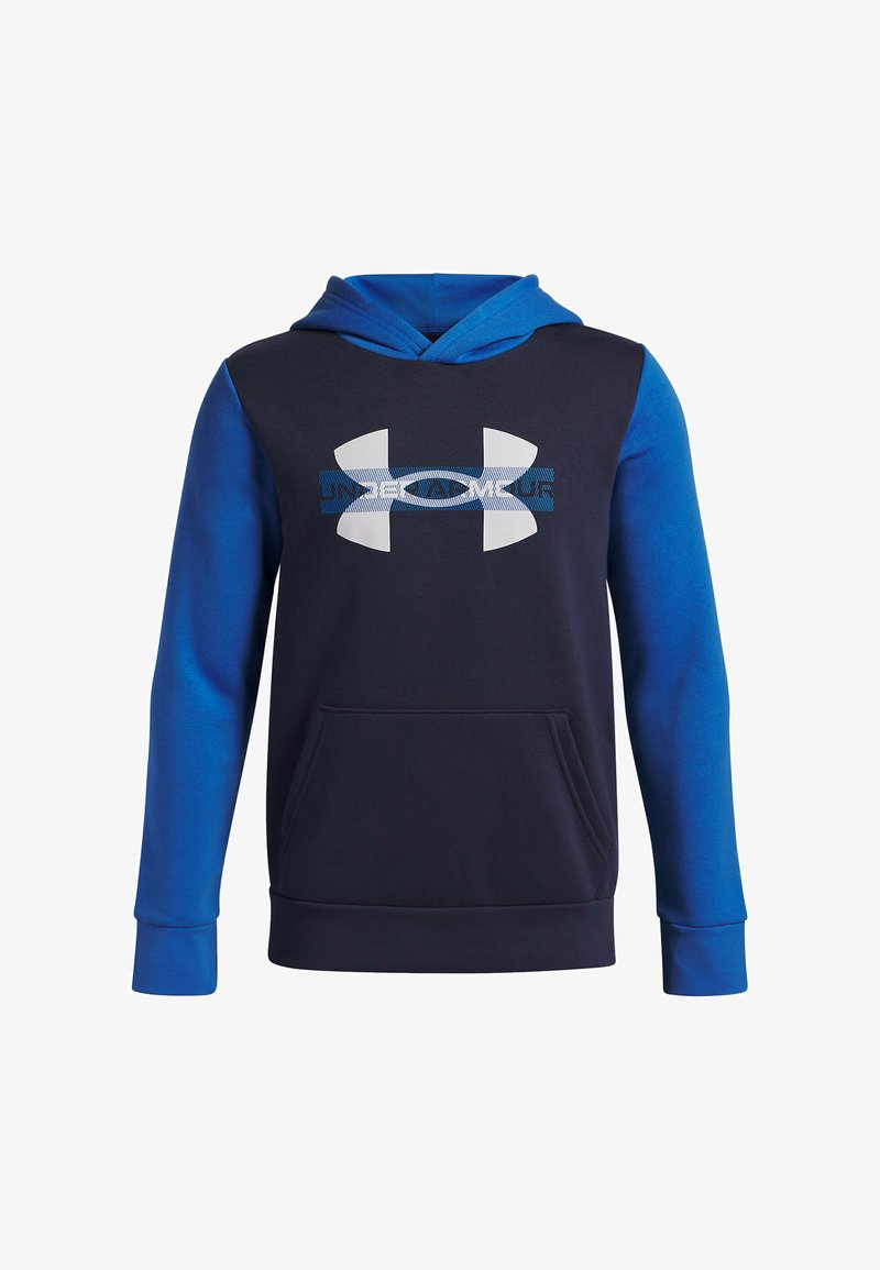 Sudadera con capucha que presenta un cuerpo azul marino con mangas azules, gran logo blanco en el pecho, bolsillo frontal y puños de canalé. Textura de tejido suave.