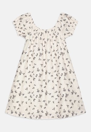 Abito in cotone con vestibilità comoda, maniche a palloncino corte e scollatura rotonda. Presenta un tessuto beige chiaro stampato con piccoli motivi floreali neri.