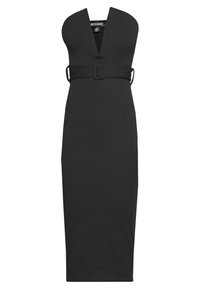 Černé midi šaty s hlubokým výstřihem, pasem s páskem a přiléhavým střihem. Vyrobené z hladké látky s elegantním designem.