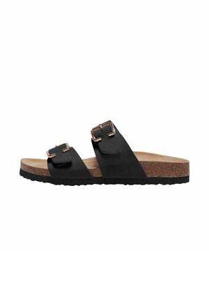 Sandalias negras con dos correas ajustables con hebillas de metal, plantilla de corcho y suela de goma texturizada. Superficie lisa y perfil bajo.