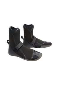 Black neoprene diving boots with reinforced toes and adjustable straps on a white background.
