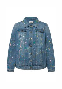 Veste en denim avec une fermeture à boutons sur le devant, deux poches poitrine et des éclaboussures multicolores sur un fond bleu clair.