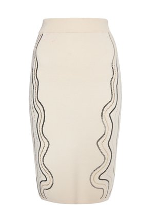 Gonna a matita in maglia color crema con dettagli in ricamo ondulato nero e argento metallizzato. Vita alta e silhouette aderente.