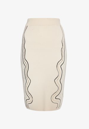 Gebreide kokerrok in crème met golvende zwarte en metallic zilveren borduursels. Hoge taille en aansluitende silhouette.
