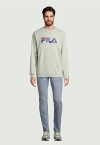 Man wearing light grey FILA sweatshirt, light blue jeans, and grey sneakers, standing facing forward against plain background.