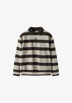 Bruine en beige gestreepte longsleeve poloshirt met een donkere kraag, voorzien van een knoopsluiting en geribde zoom. Textuur van katoen.
