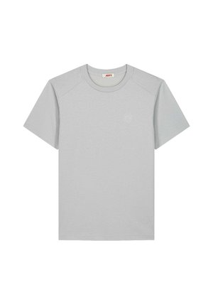 Gray crewneck t-shirt made of soft fabric. Features short sleeves, a round neckline, and a subtle logo detail on the front.