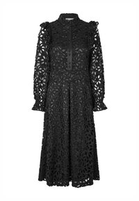 Schwarzes Kleid aus filigraner Blumenspitze, mit hochgeschlossenem Kragen, langen, gerafftenÄrmeln und durchgeknöpfter Front. Midi-Länge mit taillierter Passform.