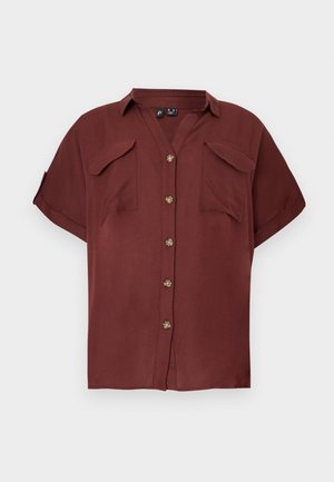 Short-sleeve brown button-up shirt with two chest pockets and a collar, displayed on a plain light gray background.