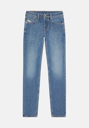 Blue denim jeans with a straight leg design, featuring a mid-rise waistband, five pockets, and subtle faded areas. Contrast stitching visible.
