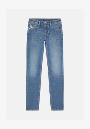 Blue denim jeans with a straight leg design, featuring a mid-rise waistband, five pockets, and subtle faded areas. Contrast stitching visible.