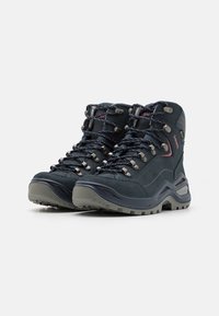 Dark blue hiking boots with suede material, textured surface, metal eyelets, multi-colored laces, and a rugged gray rubber sole.