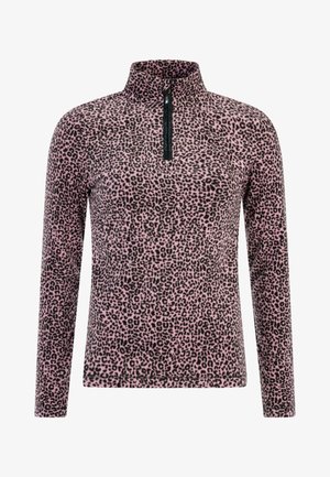 Langemouwtop met een kwart-rits kraag. Gemaakt van een zachte stof met een roze achtergrond en een zwart luipaardprint patroon.