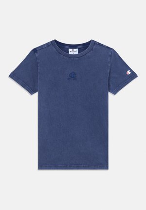 Navy blue cotton t-shirt with a crew neck, short sleeves, and embroidered logo on the chest. Smooth texture, relaxed fit, minimalist design.