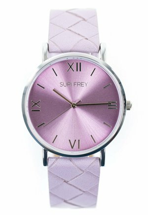 Runde Uhr mit einem reflektierenden lila Zifferblatt, silbernen Stundenmarkierungen und einem helllila strukturierten Lederarmband mit einem gewebten Muster.