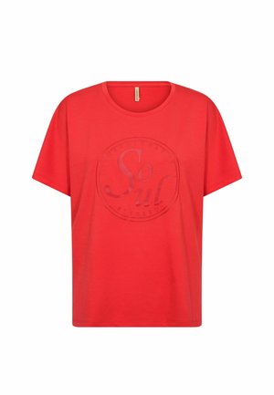 Červené tričko s krátkými rukávy a kulatým výstřihem s reliéfním kruhovým logem uprostřed s nápisem "Soul".