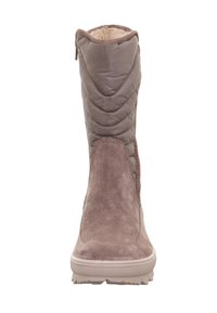 Taupe winterboot met een leren onderkant, een gebokt bovenkant, een bontvoering en een rubberen zool, ontworpen voor koud weer.