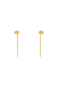 Boucles d'oreilles en métal doré avec un design de tige allongée et texturée. Elles possèdent un fermoir à clou sécurisé et un style minimaliste.
