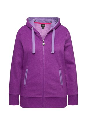 Felpa viola con zip, cappuccio regolabile, tasche frontali e foderatura interna a contrasto. Realizzata in morbido tessuto testurizzato.