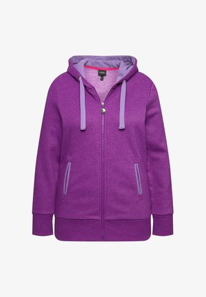 Lila Zip-Hoodie mit einem Kordelzugkapuze, Vordertaschen und kontrastierender Innenauskleidung. Hergestellt aus weichem, strukturiertem Stoff.